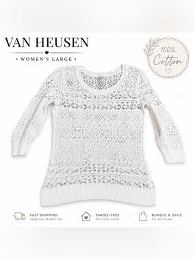 Van Heusen White Open Knit Crochet Sweater – Women’s Large